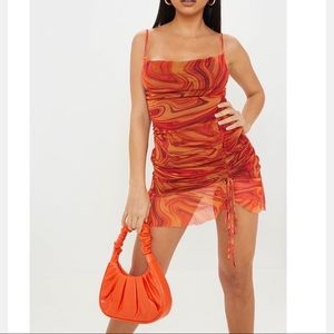 Orange Mesh Marble Print Ruched Bodycon Dress